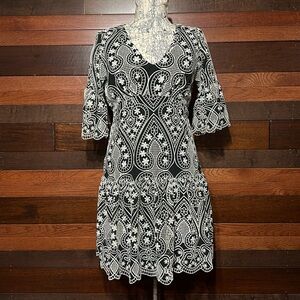 Boston Proper V Neck 3/4 Lacey Sheer Sleeve Black and White Floral Midi Dress